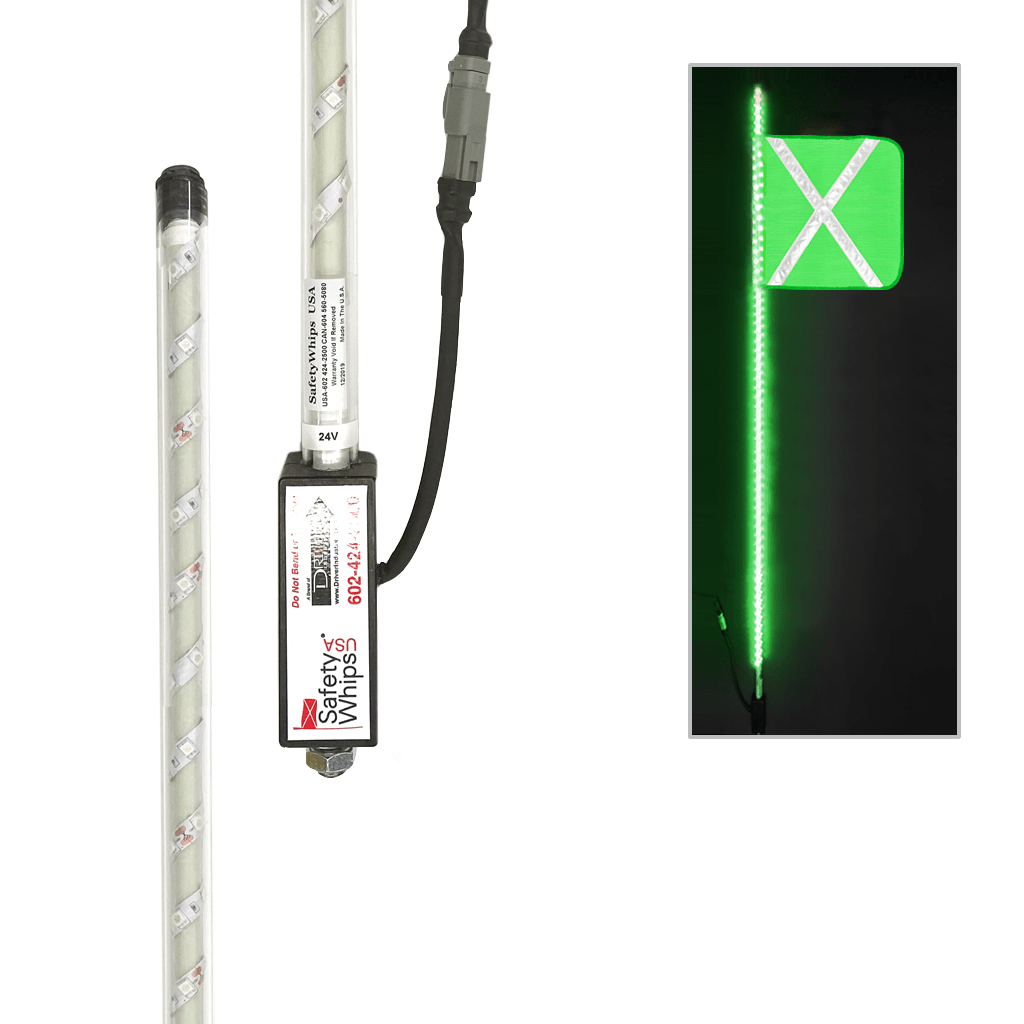 SafetyWhips 6' Super Duty Fully Lit Green LED Whip with Fluorescent Green Flag (White X)