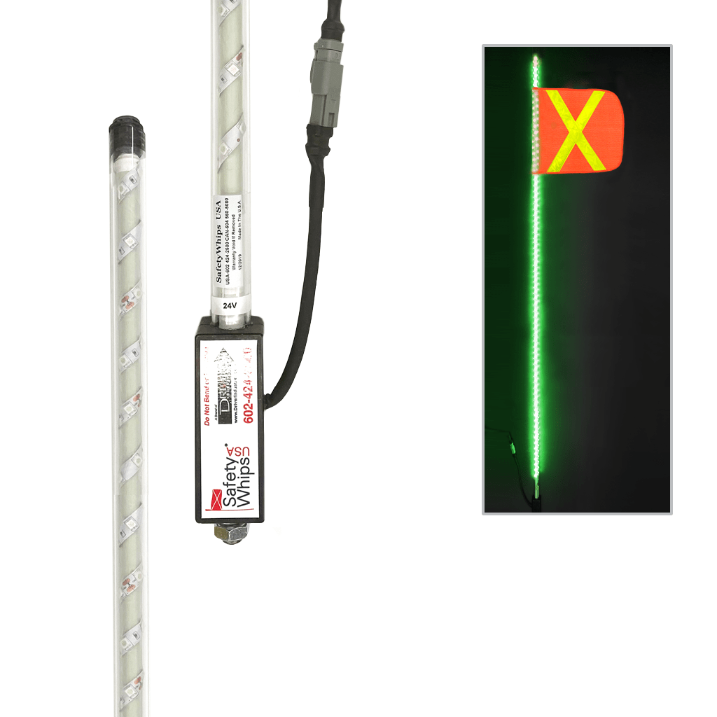 SafetyWhips 6' Super Duty Fully Lit Green LED Whip with Orange Flag (Yellow X)