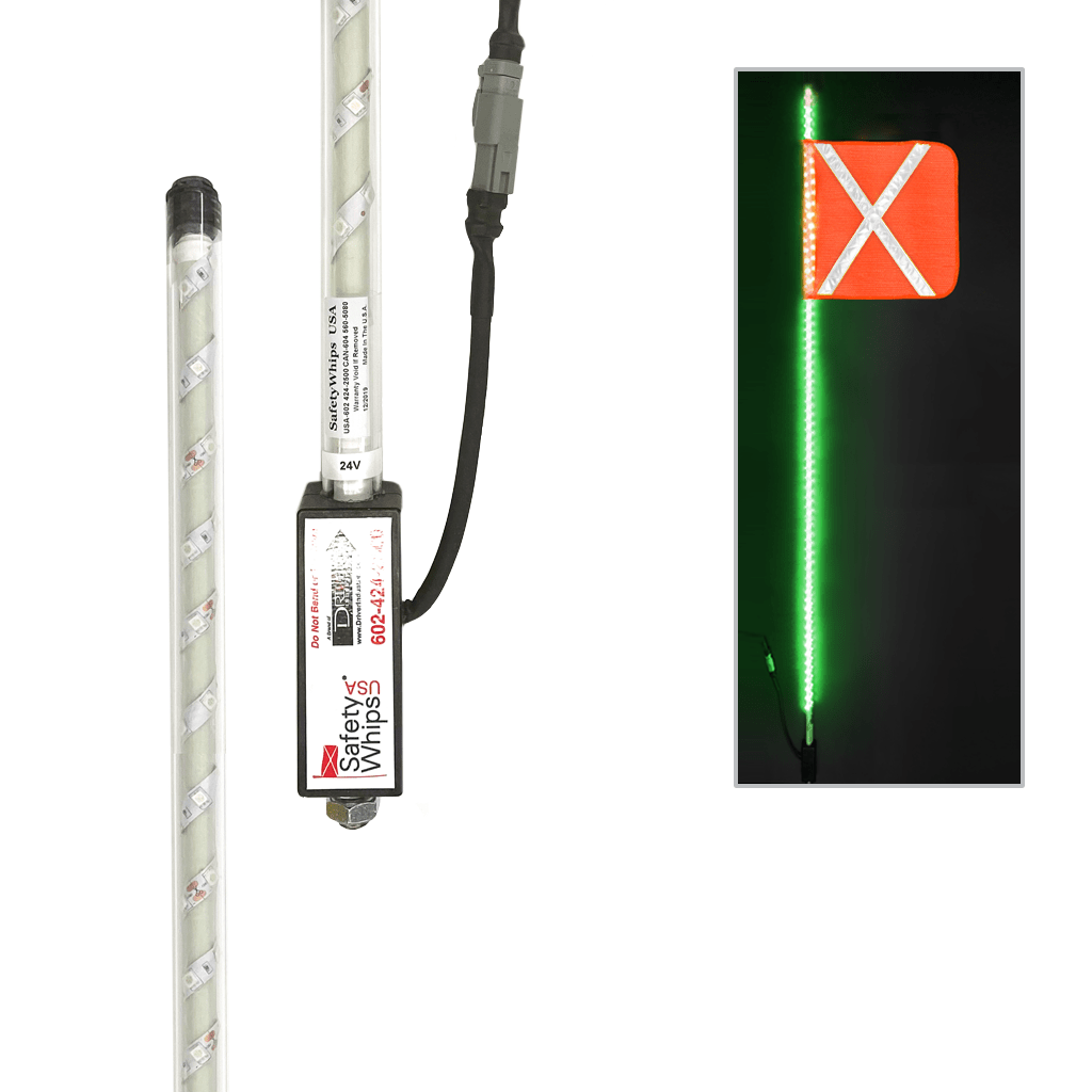 SafetyWhips 6' Super Duty Fully Lit Green LED Whip with Orange Flag (White X)