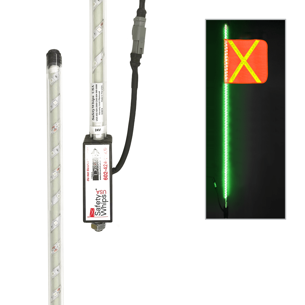 SafetyWhips 6' Super Duty Fully Lit Green LED Whip with Orange Flag (Yellow X)