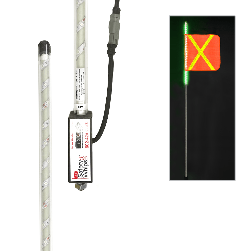 SafetyWhips 6' Super Duty Green LED Whip (Top 2' Lit) with Orange Flag (Yellow X)