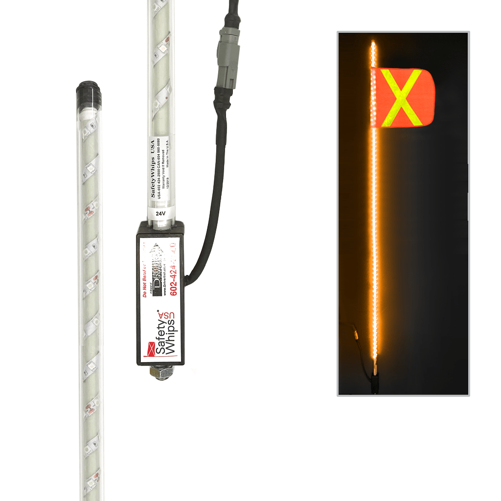 SafetyWhips 8' Super Duty Fully Lit Amber LED Whip with Orange Flag (Yellow X)