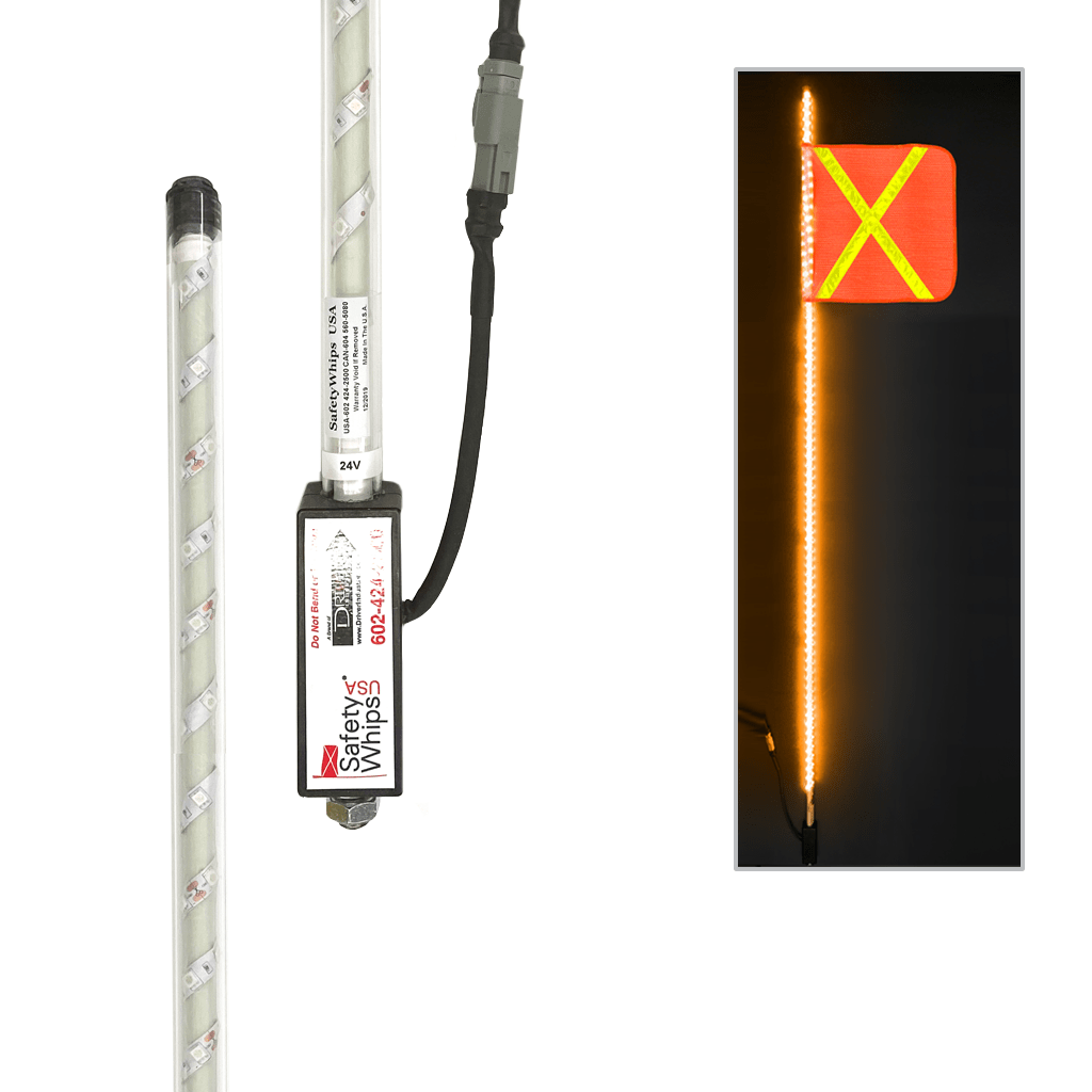 SafetyWhips 8' Super Duty Fully Lit Amber LED Whip with Orange Flag (Yellow X)