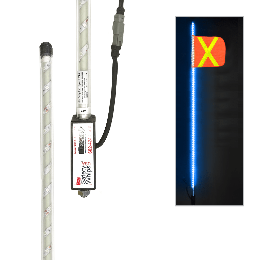 SafetyWhips 8' Super Duty Fully Lit Blue LED Whip with Orange Flag (Yellow X)