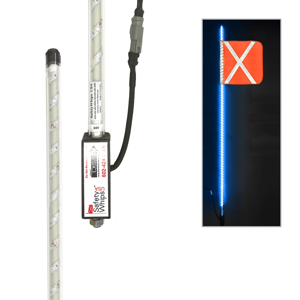 SafetyWhips 8' Super Duty Fully Lit Blue LED Whip with Orange Flag (White X)