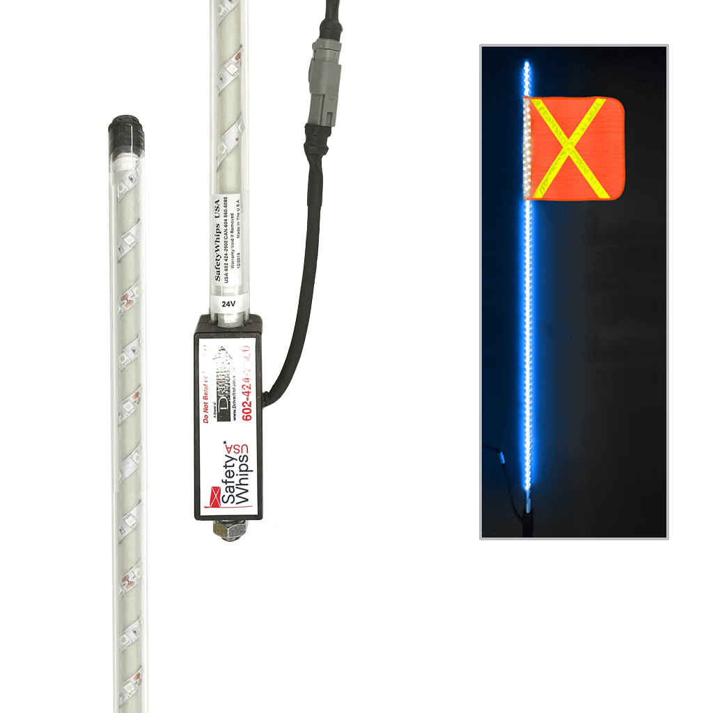 SafetyWhips 8' Super Duty Fully Lit Blue LED Whip with Orange Flag (Yellow X)