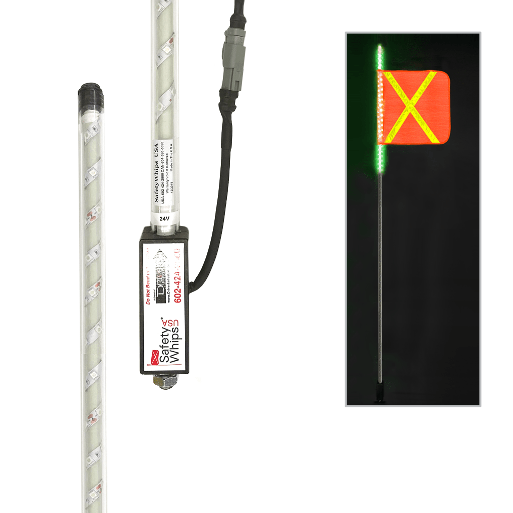 SafetyWhips 8' Super Duty Fully Lit Green LED Whip with Orange Flag (Yellow X)