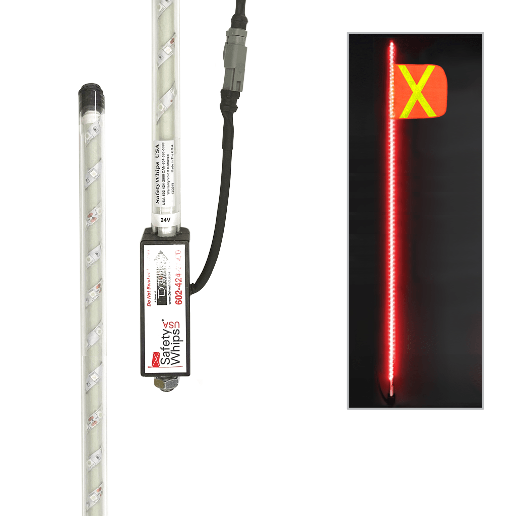 SafetyWhips 8' Super Duty Fully Lit Red LED Whip with Orange Flag (Yellow X)