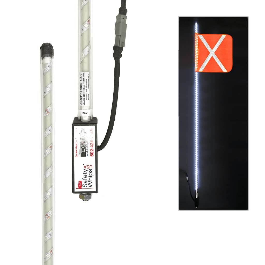 SafetyWhips 8' Super Duty Fully Lit White LED Whip with Orange Flag (White X)