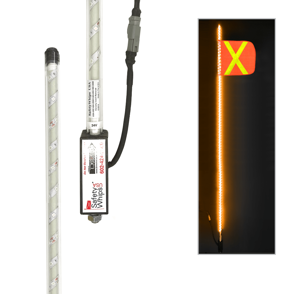 SafetyWhips 10' Super Duty Fully Lit Amber LED Whip (24Volt) with Orange Flag (Yellow X)