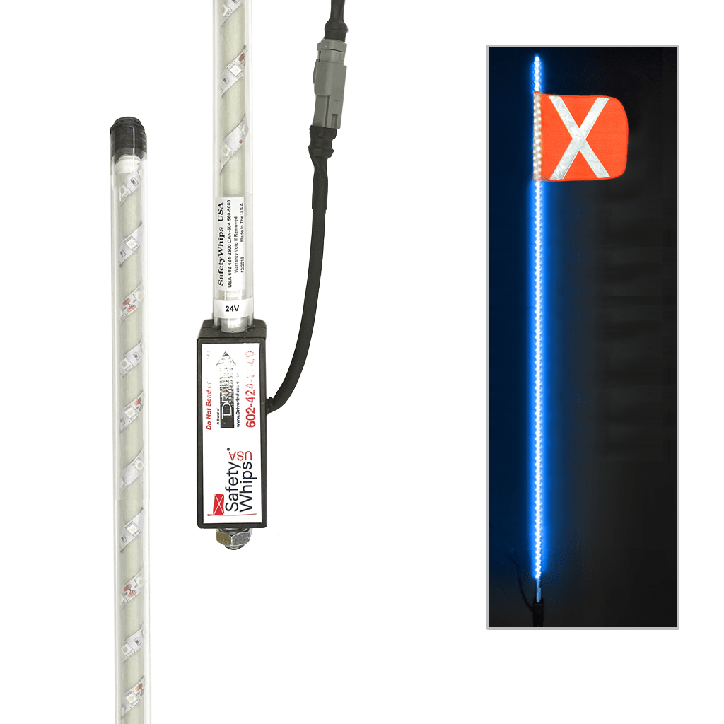 SafetyWhips 10' Super Duty Fully Lit Blue LED Whip with Orange Flag (White X)