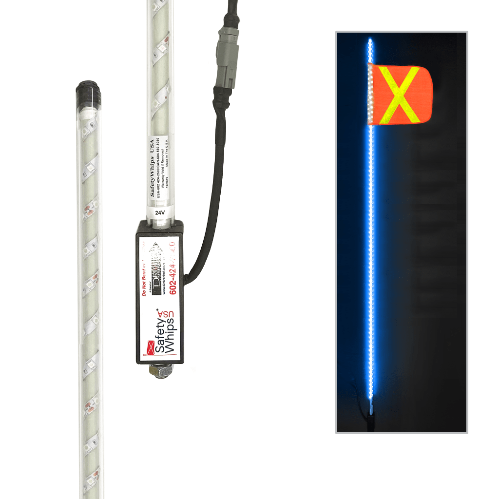 SafetyWhips 10' Super Duty Fully Lit Blue LED Whip with Orange Flag (Yellow X)
