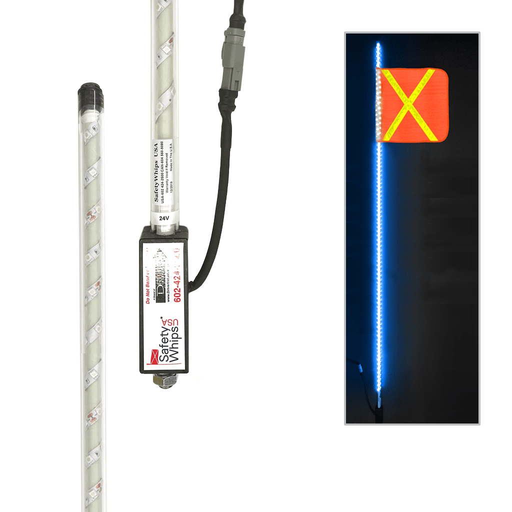 SafetyWhips 10' Super Duty Fully Lit Blue LED Whip with Orange Flag (Yellow X)