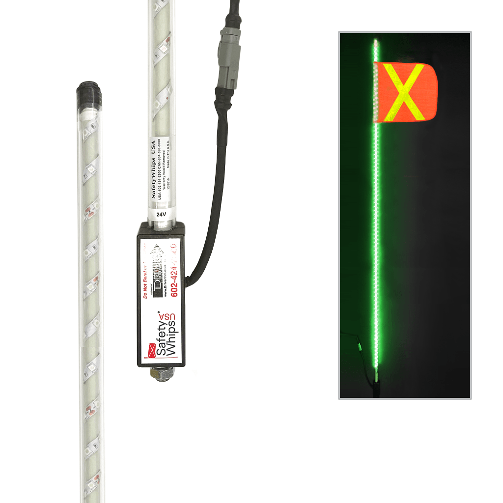 SafetyWhips 10' Super Duty Green LED Whip (Top 2' Lit) with Orange Flag (Yellow X)