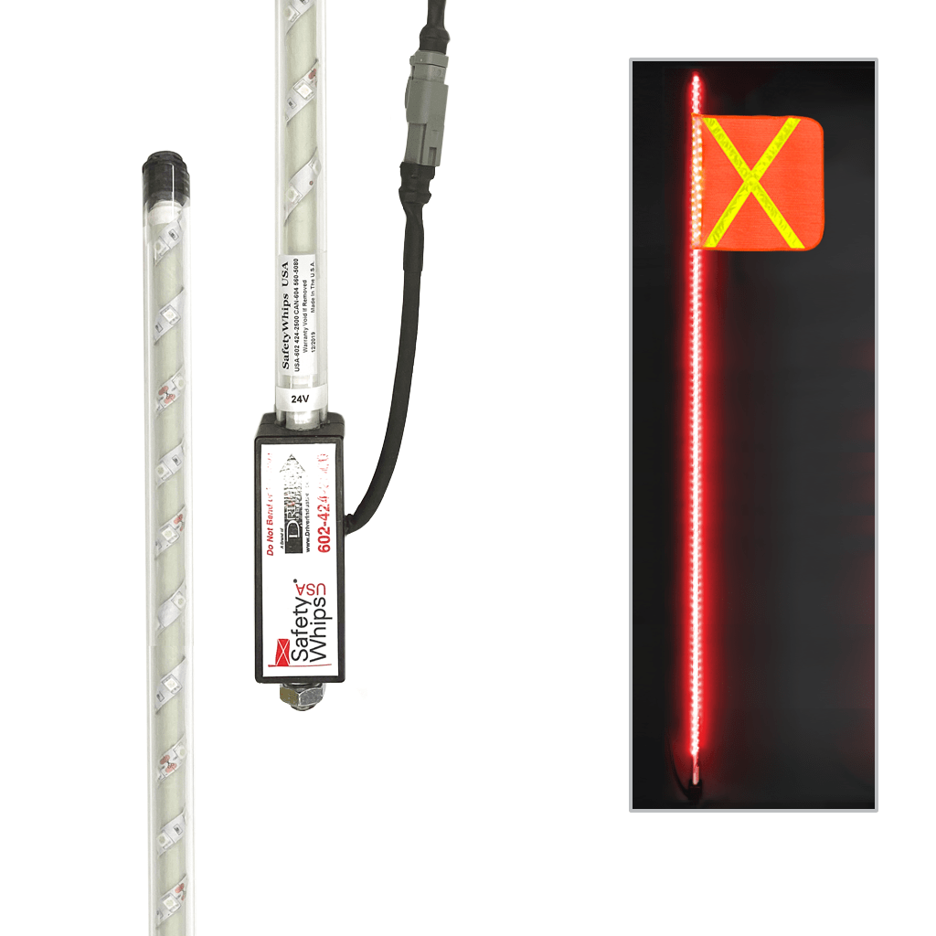 SafetyWhips 10' Super Duty Fully Lit Red LED Whip (24Volt) with Orange Flag (Yellow X)