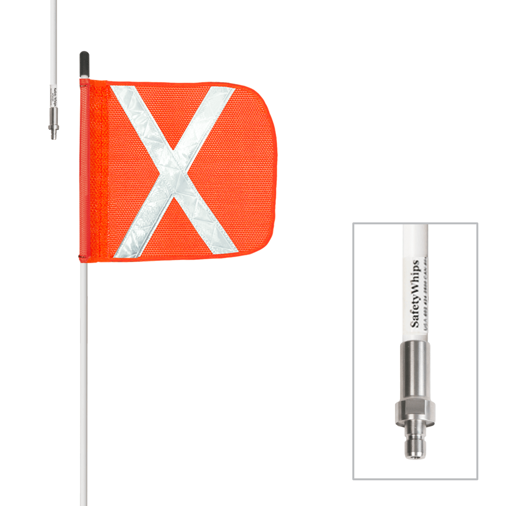 SafetyWhips 2', 1 Piece, Non-powered, Quick Disconnect, Heavy Duty Whip with Orange Flag (White X)