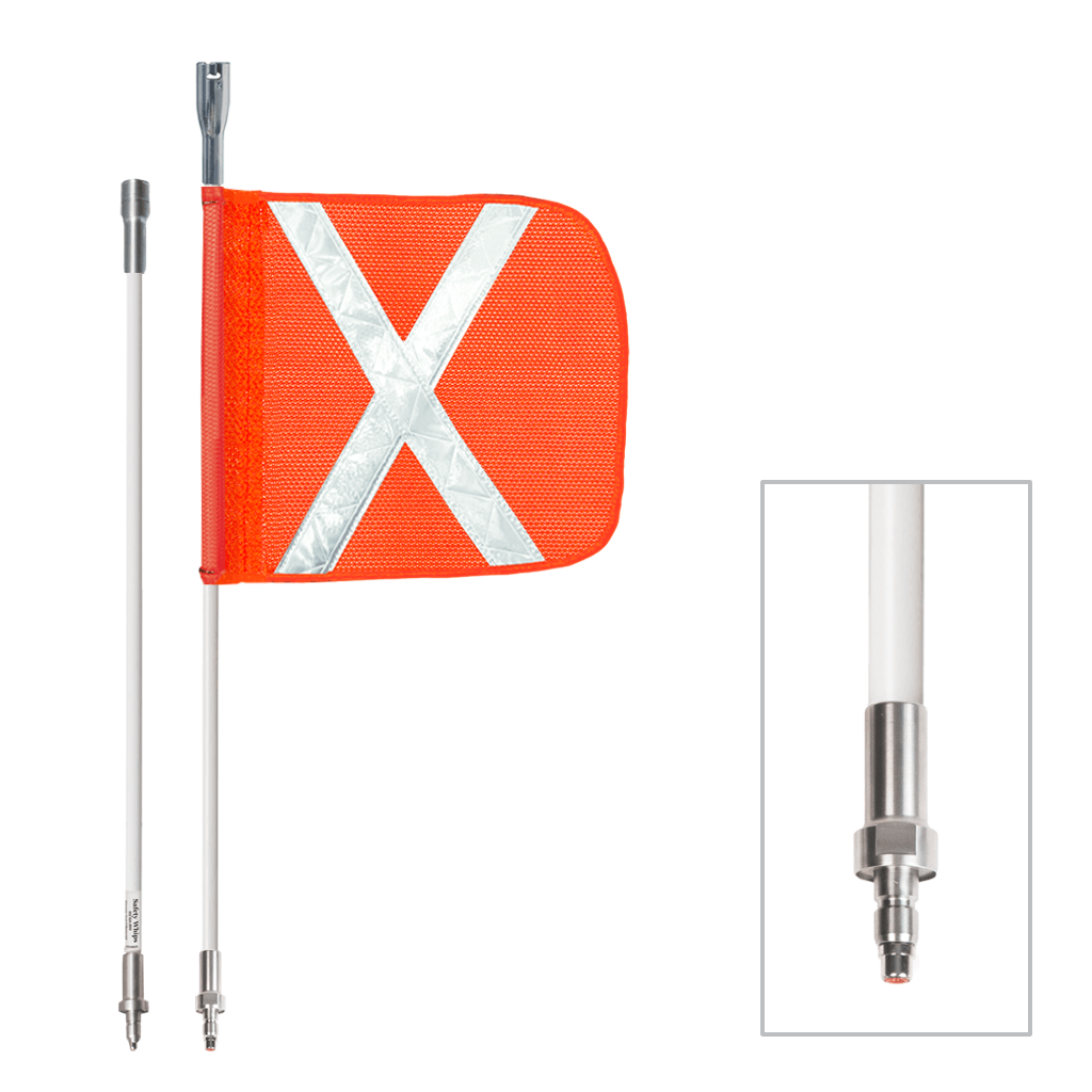 SafetyWhips 3', 2 Piece (Breakdown), Powered, Quick Disconnect, Heavy Duty Whip with Orange Flag (White X)