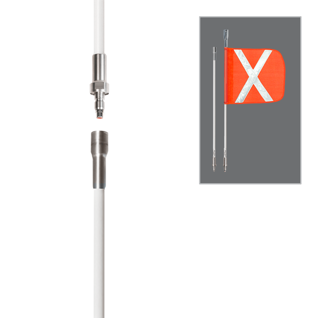 SafetyWhips 3', 2 Piece (Breakdown), Powered, Quick Disconnect, Heavy Duty Whip with Orange Flag (White X)