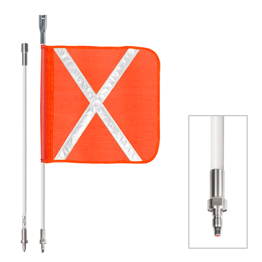 SafetyWhips 3', 2 Piece (Breakdown), Powered, Quick Disconnect, Heavy Duty Whip with Orange Flag (White X)