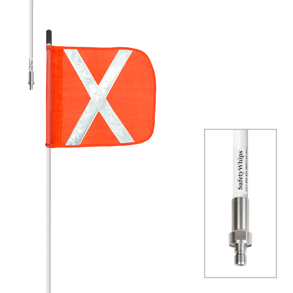 SafetyWhips 3', 1 Piece, Non-powered, Quick Disconnect, Heavy Duty Whip with Orange Flag (White X)