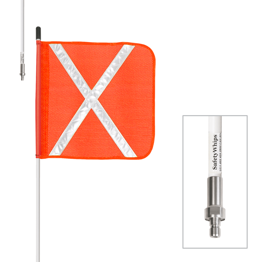 SafetyWhips 3', 1 Piece, Non-powered, Quick Disconnect, Heavy Duty Whip with Orange Flag (White X)