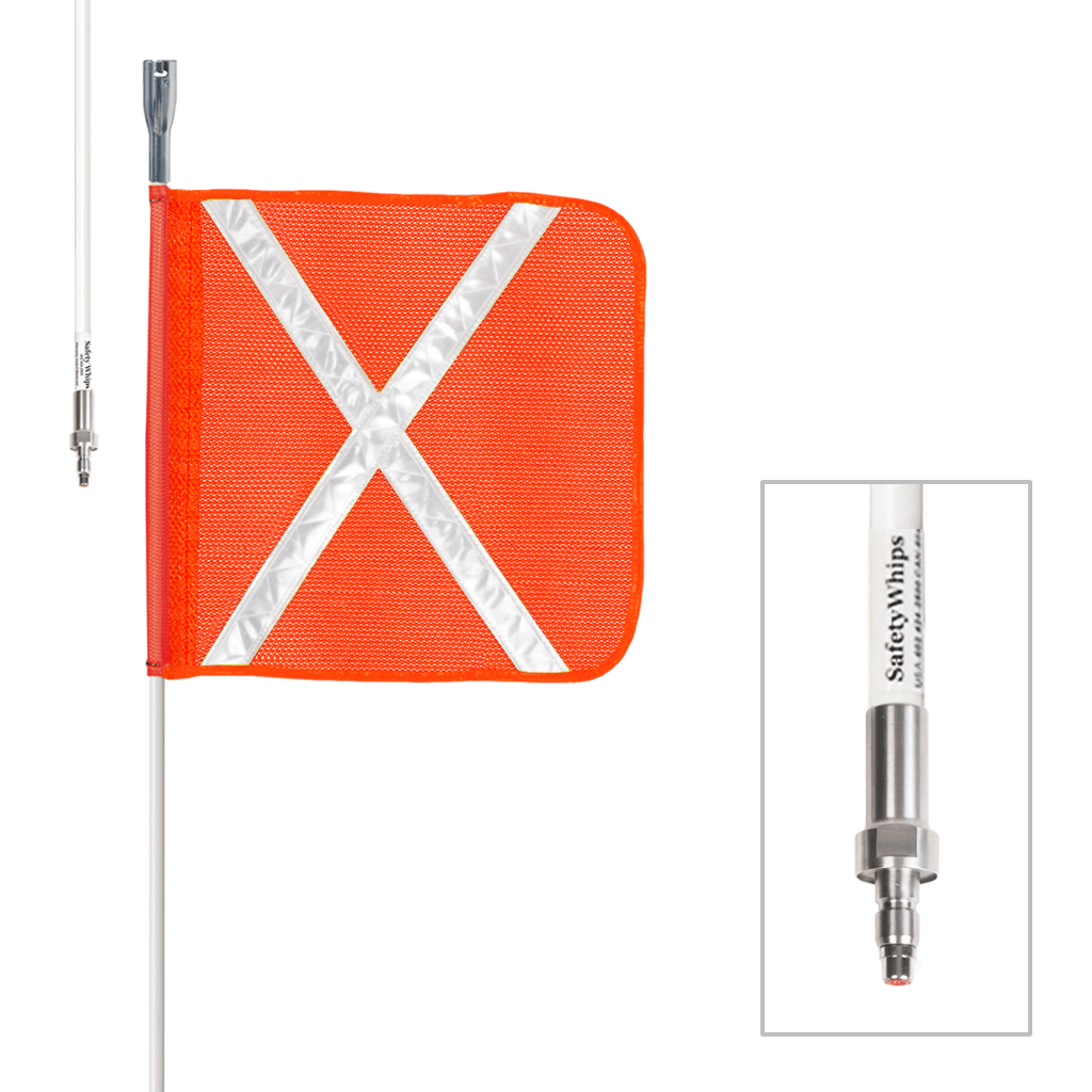 SafetyWhips 4', 1 Piece, Powered, Quick Disconnect, Heavy Duty Whip with Orange Flag (White X)
