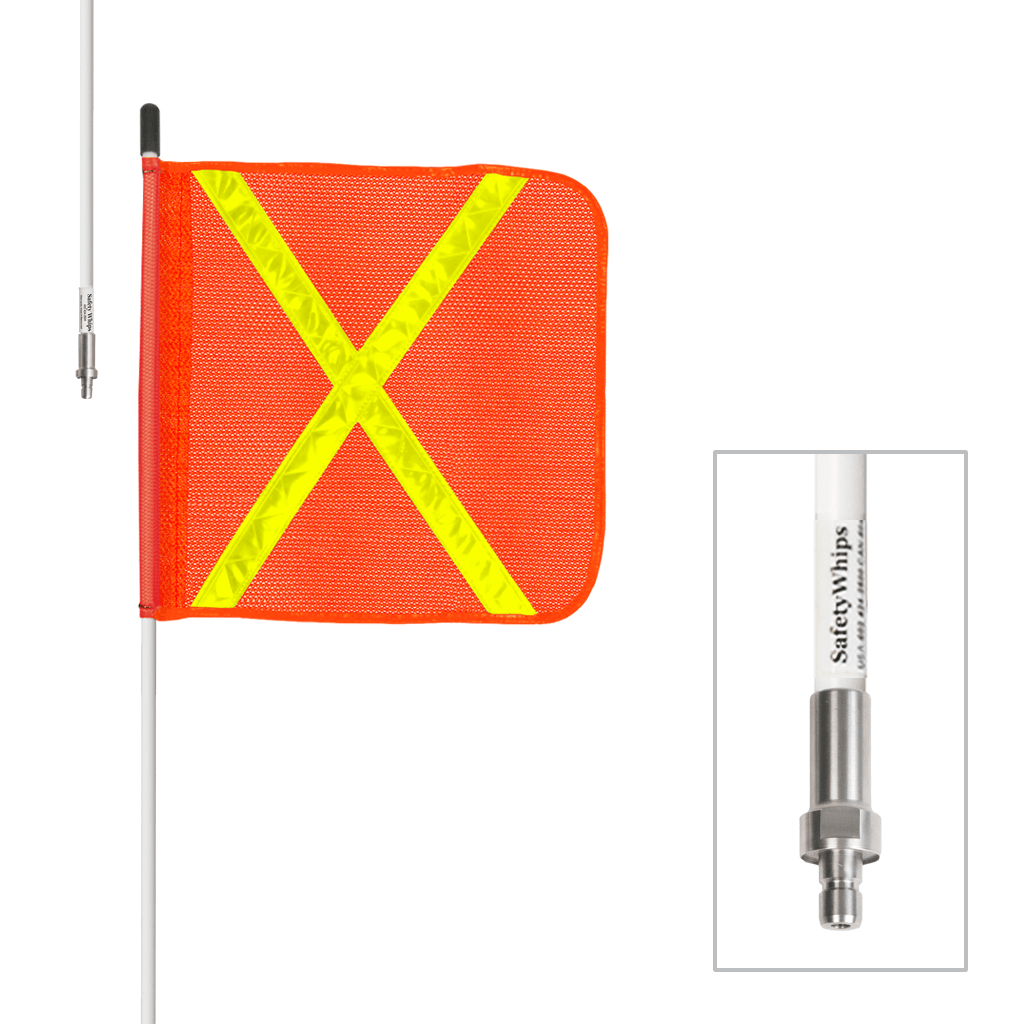 SafetyWhips 4', 1 Piece, Non-powered, Quick Disconnect, Heavy Duty Whip with Orange Flag (Yellow X)