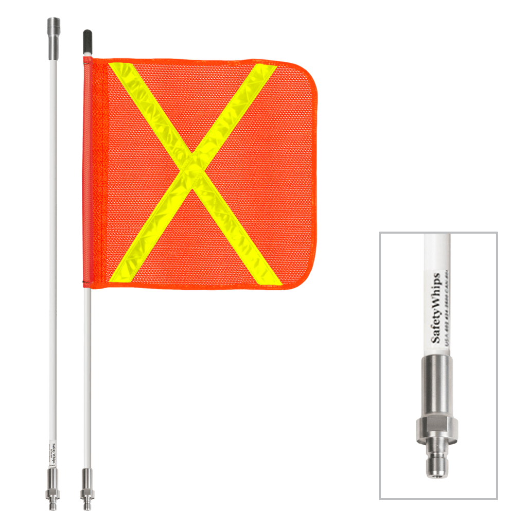 SafetyWhips 4', 2 Piece (Breakdown), Non-powered, Quick Disconnect, Heavy Duty Whip with Orange Flag (Yellow X)