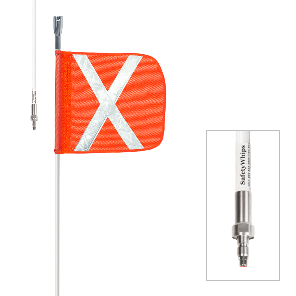 SafetyWhips 5', 1 Piece, Powered, Quick Disconnect, Heavy Duty Whip with Orange Flag (White X)