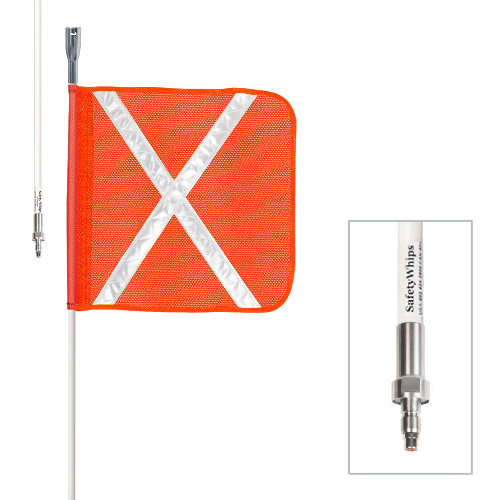 SafetyWhips 6', 1 Piece, Powered, Quick Disconnect, Heavy Duty Whip with 16" Orange Mesh Flag (White X)