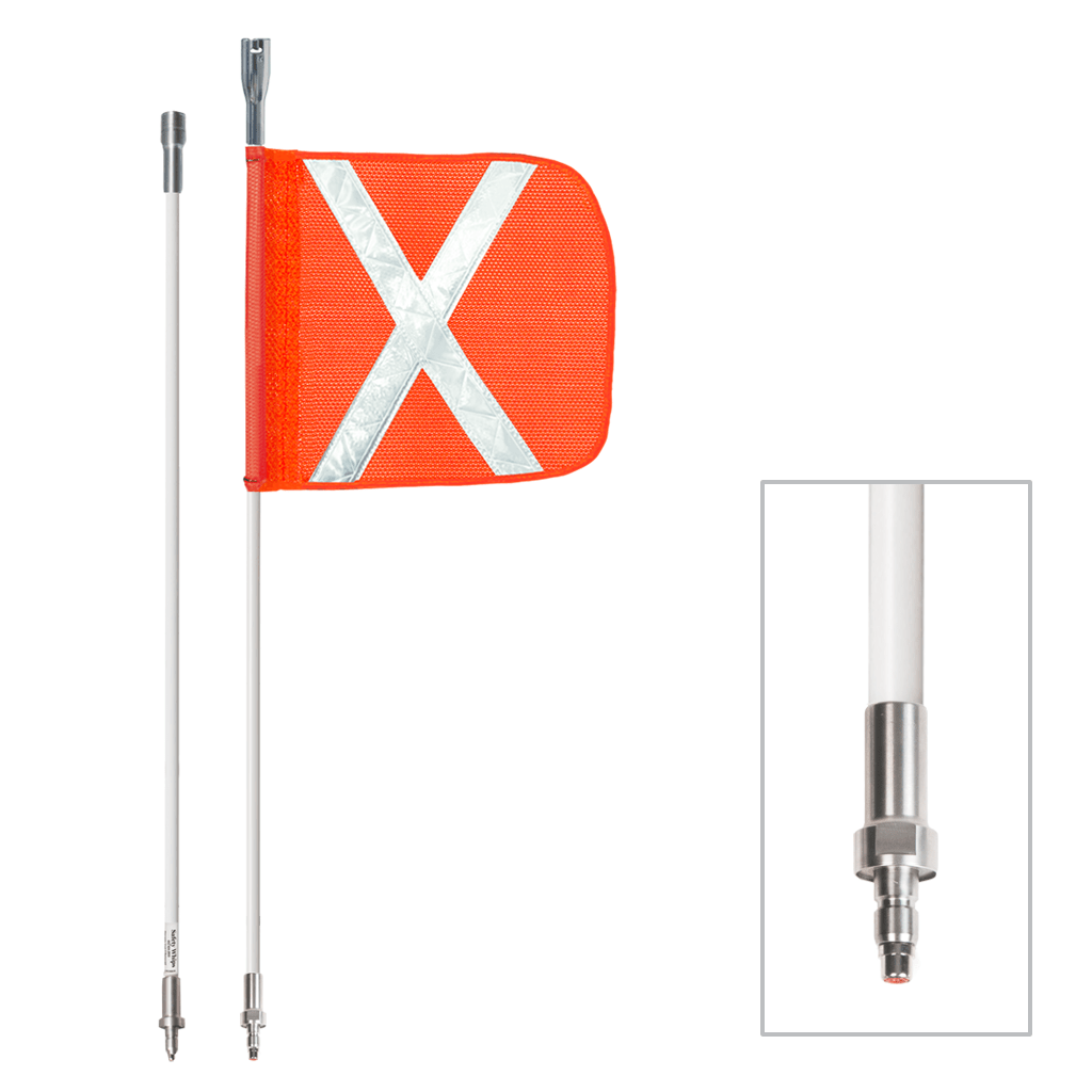 SafetyWhips 5', 2 Piece (Breakdown), Powered, Quick Disconnect, Heavy Duty Whip with Orange Flag (White X)
