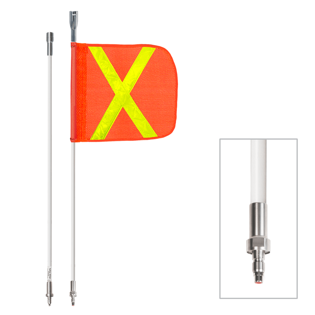 SafetyWhips 5', 2 Piece (Breakdown), Powered, Quick Disconnect, Heavy Duty Whip with Orange Flag (Yellow X)