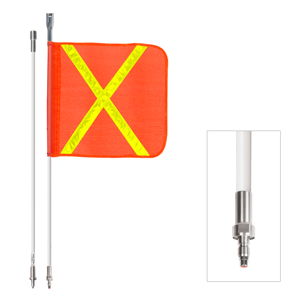 SafetyWhips 5', 2 Piece (Breakdown), Powered, Quick Disconnect, Heavy Duty Whip with Orange Flag (Yellow X)