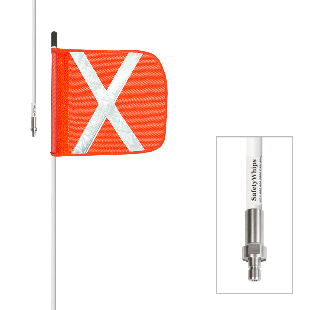 SafetyWhips 5', 1 Piece, Non-powered, Quick Disconnect, Heavy Duty Whip with Orange Flag (White X)