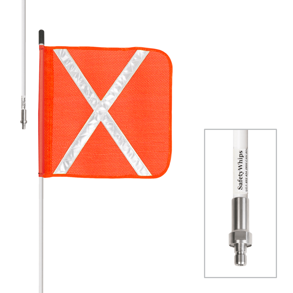 SafetyWhips 5', 1 Piece, Non-powered, Quick Disconnect, Heavy Duty Whip with Orange Flag (White X)