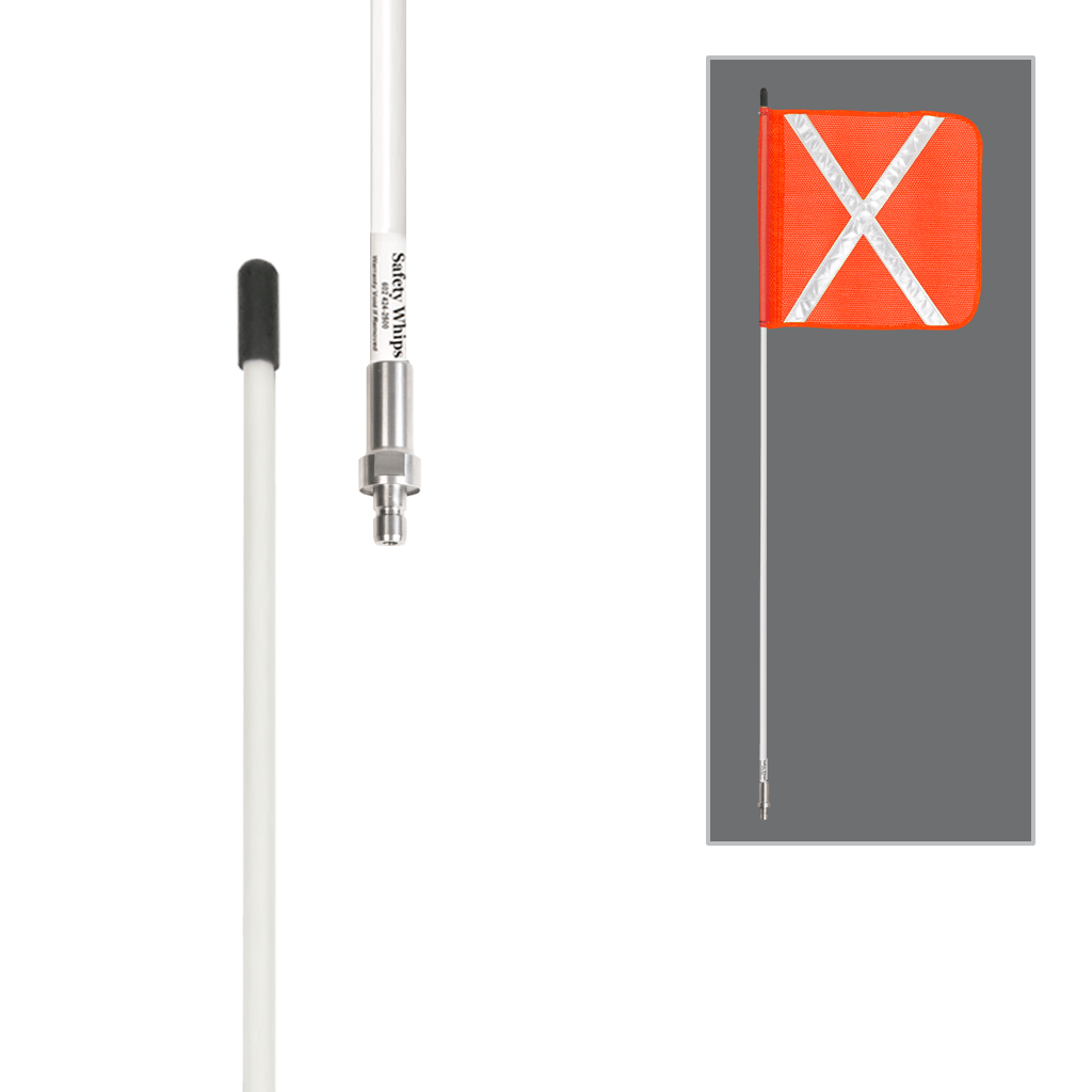 SafetyWhips 5', 1 Piece, Non-powered, Quick Disconnect, Heavy Duty Whip with Orange Flag (White X)
