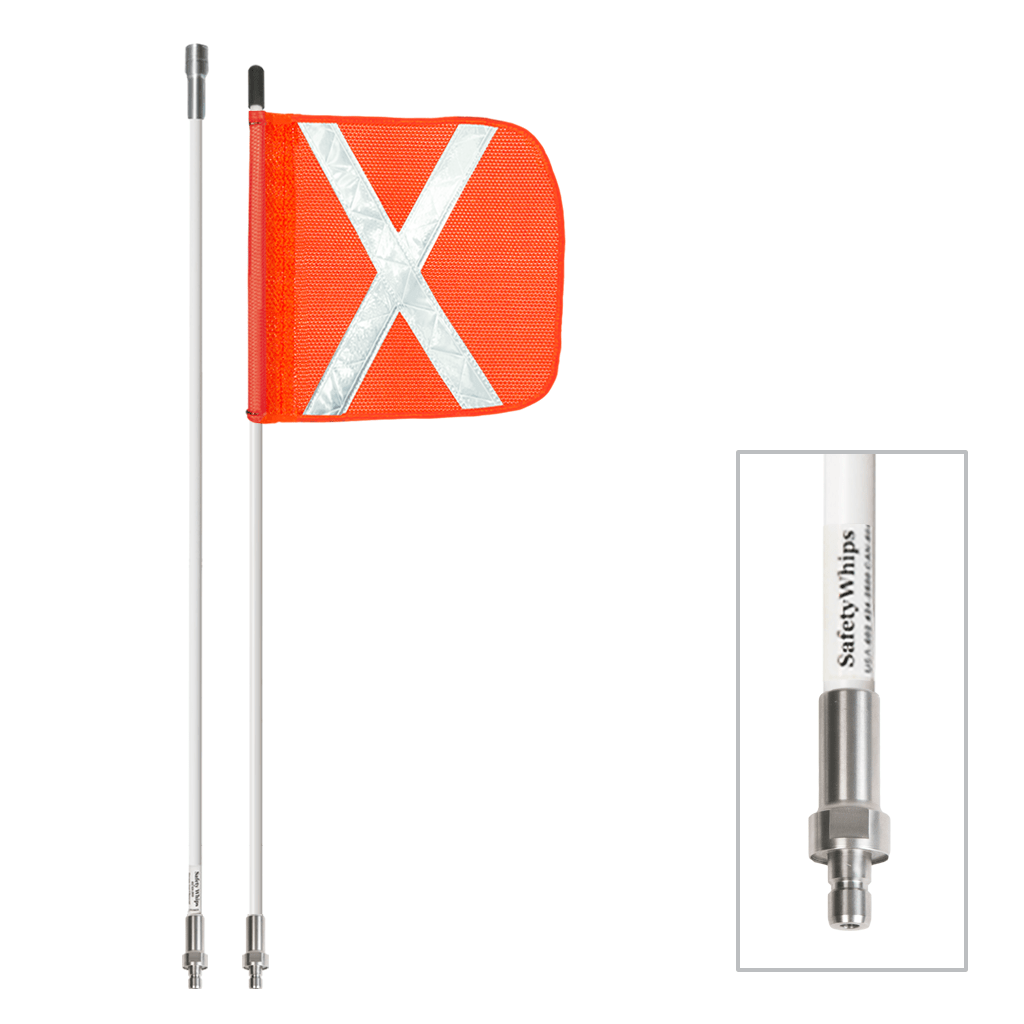 SafetyWhips 5', 2 Piece (Breakdown), Non-powered, Quick Disconnect, Heavy Duty Whip with Orange Flag (White X)