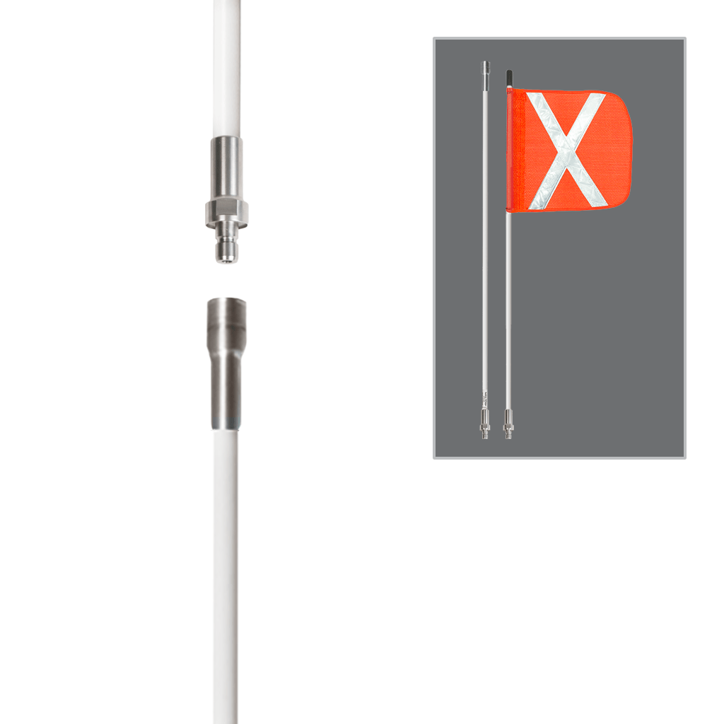SafetyWhips 5', 2 Piece (Breakdown), Non-powered, Quick Disconnect, Heavy Duty Whip with Orange Flag (White X)
