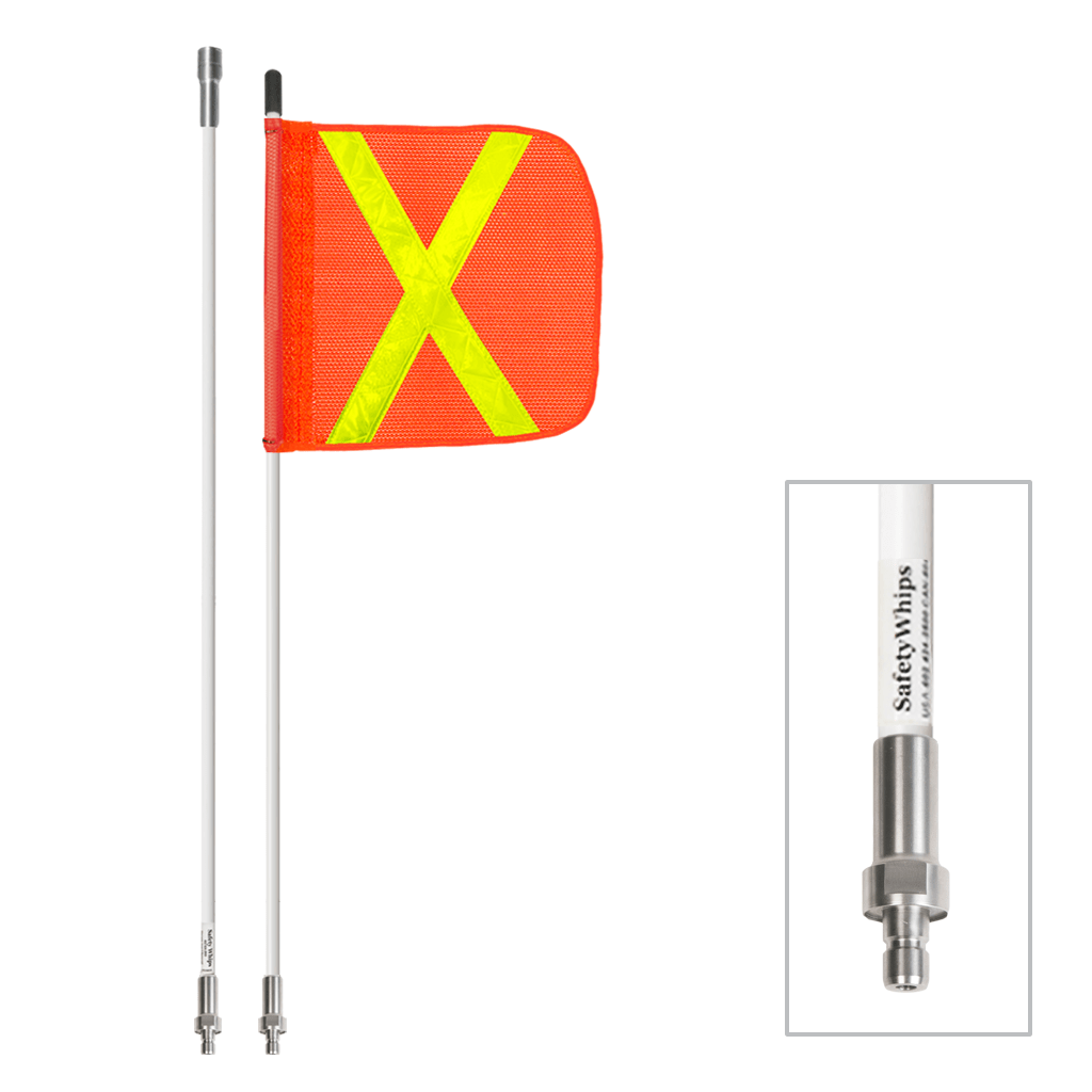 SafetyWhips 5', 2 Piece (Breakdown), Non-powered, Quick Disconnect, Heavy Duty Whip with Orange Flag (Yellow X)