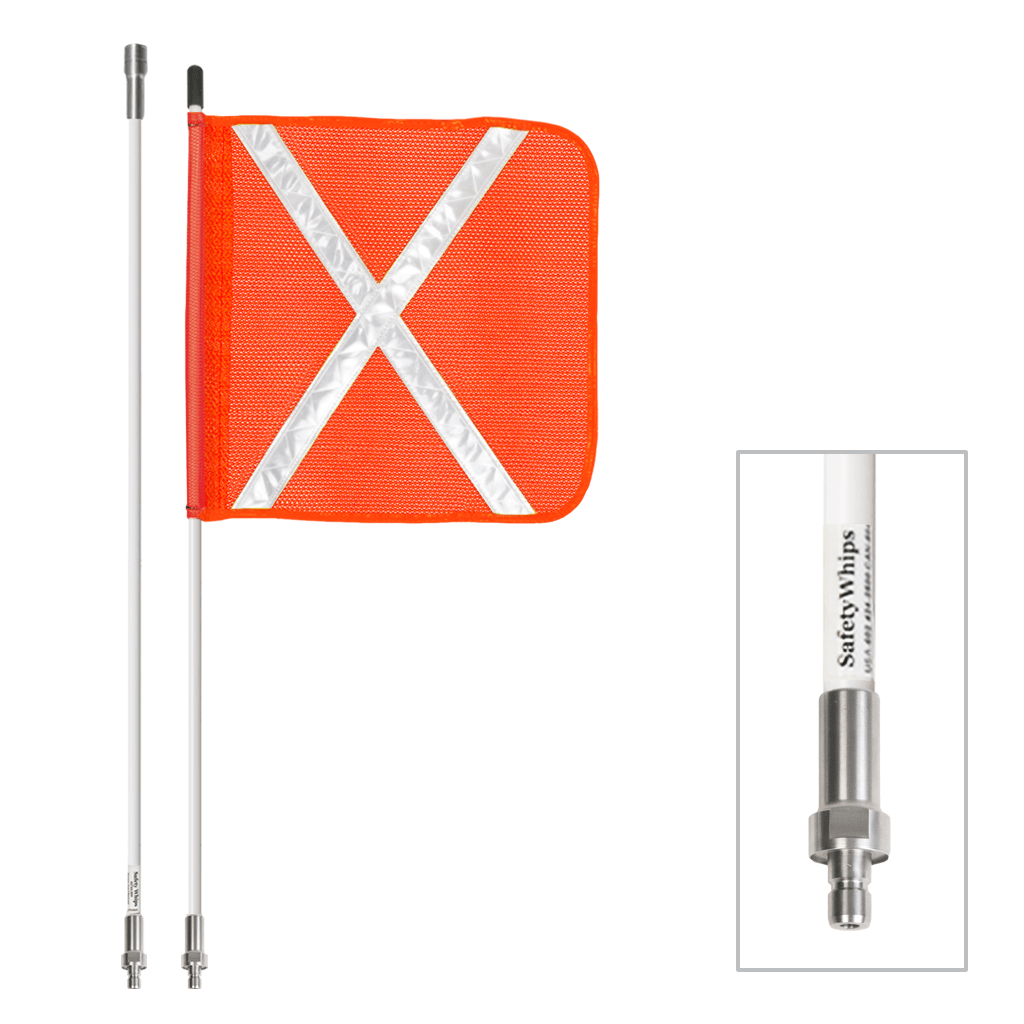 SafetyWhips 5', 2 Piece (Breakdown), Non-powered, Quick Disconnect, Heavy Duty Whip with Orange Flag (White X)