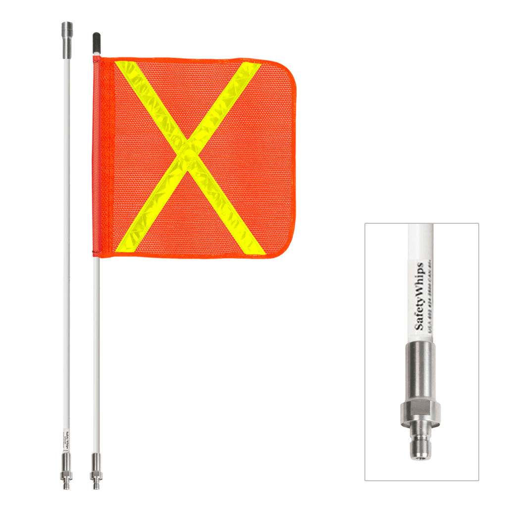 SafetyWhips 5', 2 Piece (Breakdown), Non-powered, Quick Disconnect, Heavy Duty Whip with Orange Flag (Yellow X)