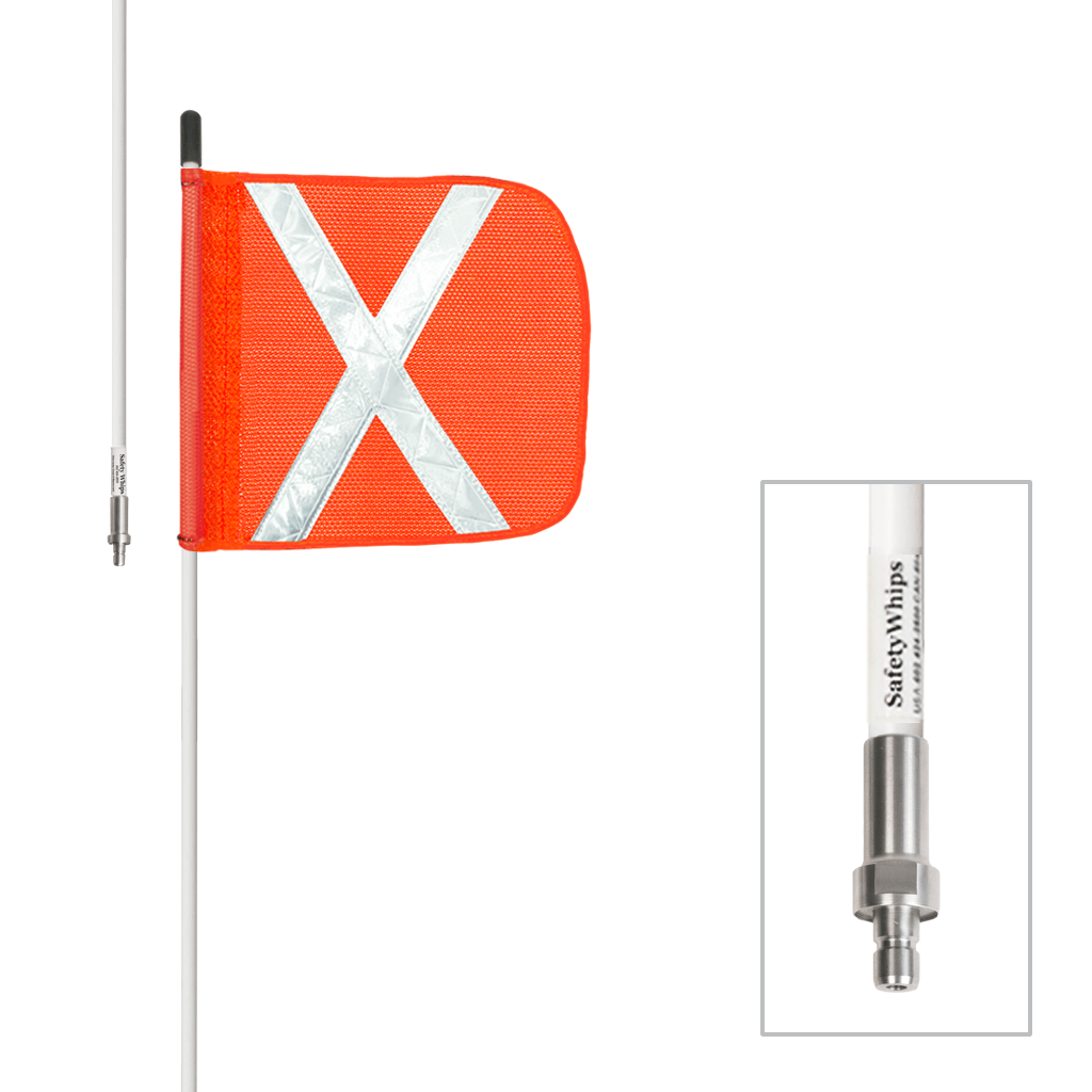 SafetyWhips 6', 1 Piece, Non-powered, Quick Disconnect, Heavy Duty Whip with Orange Flag (White X)