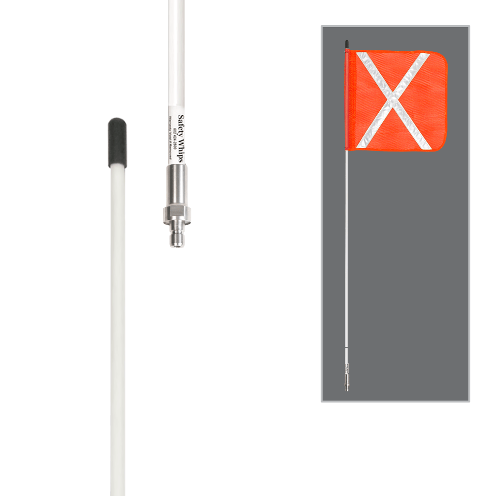 SafetyWhips 6', 1 Piece, Non-powered, Quick Disconnect, Heavy Duty Whip with Orange Flag (White X)