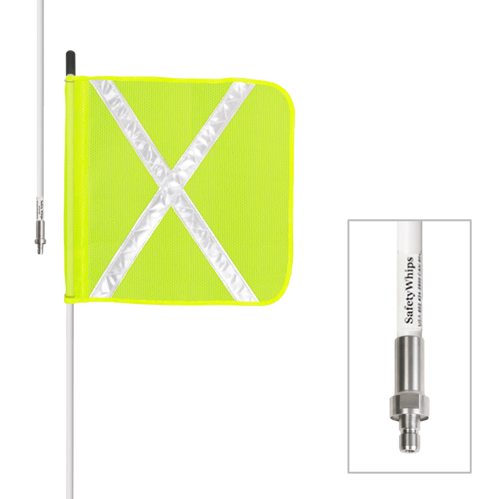 SafetyWhips 6', 1 Piece, Non-powered, Quick Disconnect, Heavy Duty Whip with Fluorescent Yellow Flag (White X)