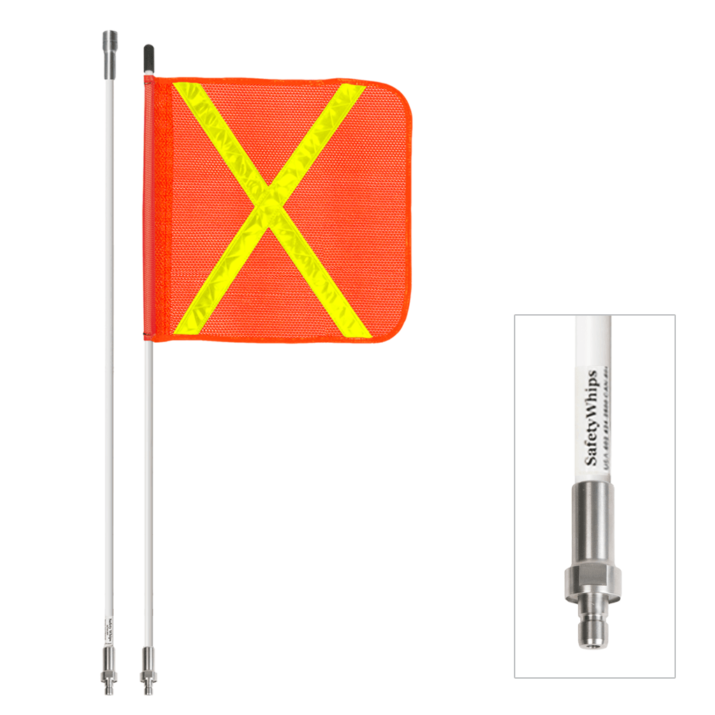 SafetyWhips 6', 2 Piece (Breakdown), Non-powered, Quick Disconnect, Heavy Duty Whip with Orange Flag (Yellow X)
