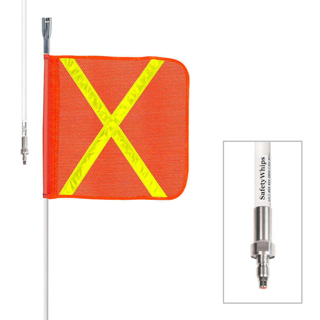 SafetyWhips 7', 1 Piece, Powered, Quick Disconnect, Heavy Duty Whip with Orange Flag (Yellow X)