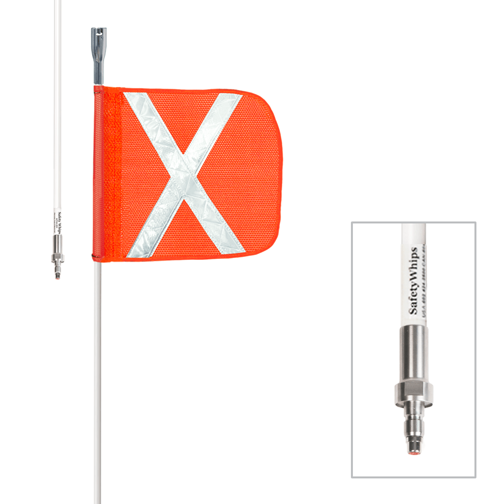 SafetyWhips 8', 1 Piece, Powered, Quick Disconnect, Heavy Duty Whip with Orange Flag (White X)