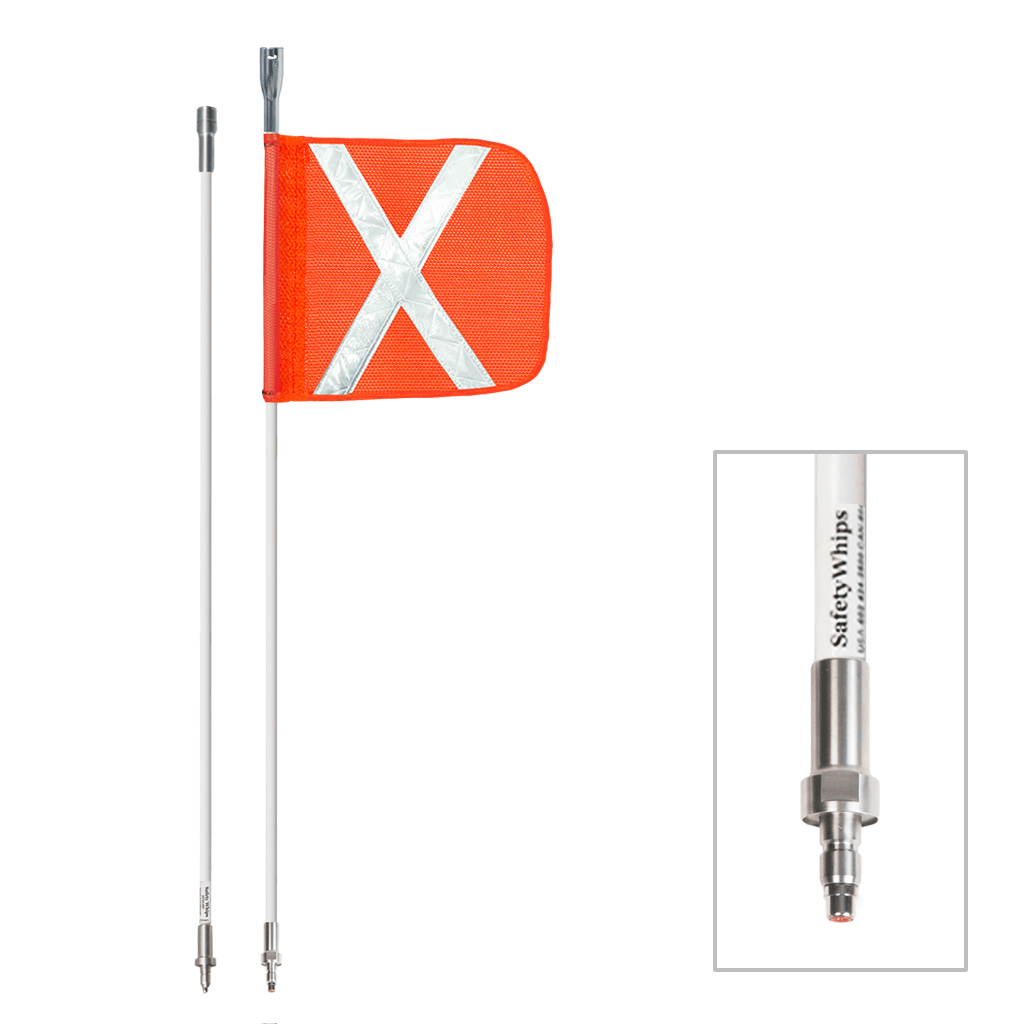 SafetyWhips 12', 2 Piece (Breakdown), Powered, Quick Disconnect, Heavy Duty Whip with Orange Mesh Flag (White X)