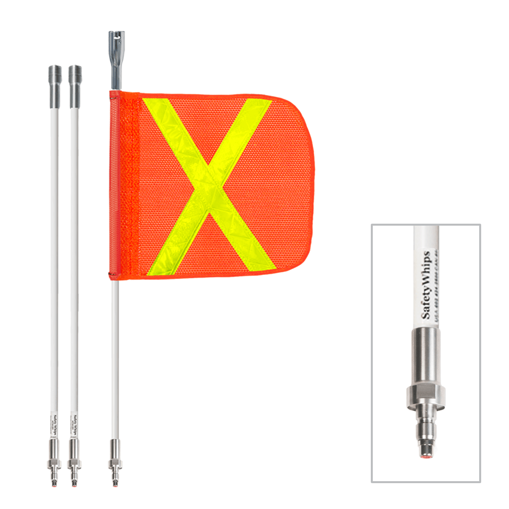 SafetyWhips 8', 3 Piece (Breakdown), Powered, Quick Disconnect, Heavy Duty Whip with Orange Flag (Yellow X)