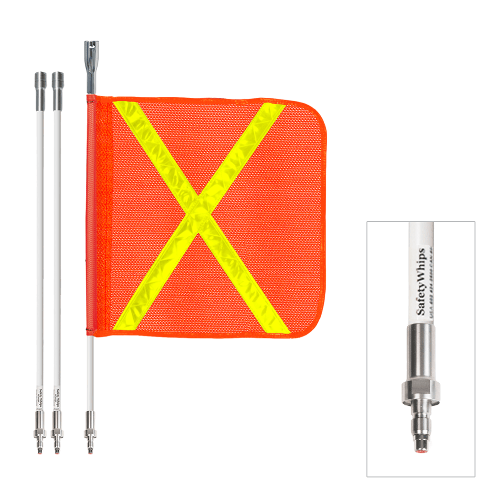 SafetyWhips 8', 3 Piece (Breakdown), Powered, Quick Disconnect, Heavy Duty Whip with Orange Flag (Yellow X)